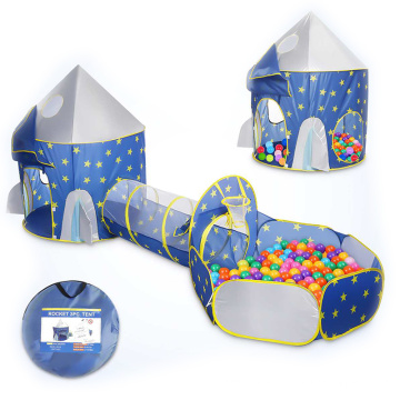 3 in 1 Kids Ball Pit Play Tent with Crawl Tunnel, Pop-Up Rocket Shape with Stars Theme for Boys and Girls Baby gifts